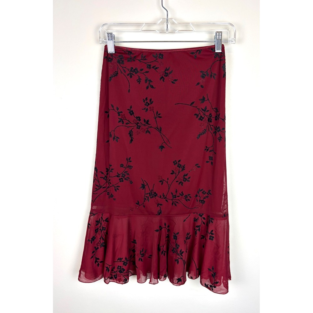 Exact Change Mesh Velvet Skirt XS Red Black Floral Whimsigoth Ruffle Y2K Grunge
